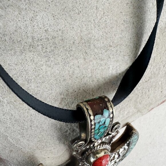 Vintage Turquoise Inlaid Necklace Pendant‎ Coral Big Southwestern - Picture 5 of 10